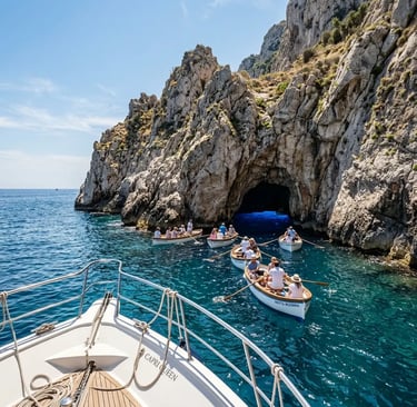 Yacht bow approaching Blue Grotto cave entrance with rowboats waiting in line at Capri