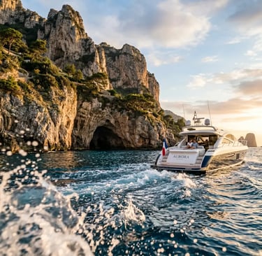 Aurora yacht cruising the rugged Capri coastline near a sea cave at sunset