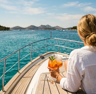 Woman with a drink on a yacht deck viewing the Elaphiti Islands