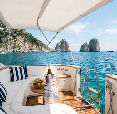 Capri boat tour luxury yacht deck with prosecco, freshwater shower and Faraglioni rocks behind