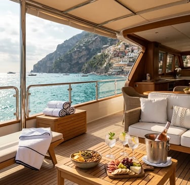 Yacht deck set with fresh snacks drinks and towels overlooking Amalfi Coast village