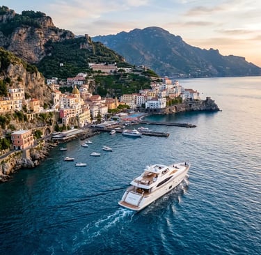 Luxury yacht departing Positano harbor along the Amalfi Coast at golden hour, aerial view