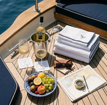 Chilled wine glasses fresh fruit and nautical chart on luxury yacht deck Amalfi Coast