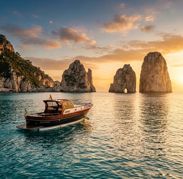 Luxury wooden yacht gliding past Capri Faraglioni rocks at golden sunset on calm Tyrrhenian Sea