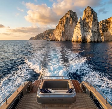Luxury yacht stern view looking back at dramatic Mizithres rock formations at sunset