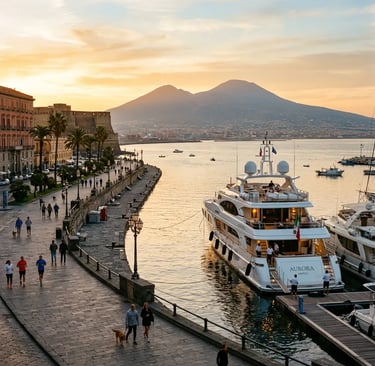 Private yacht moored at Naples waterfront promenade with Mount Vesuvius at sunset