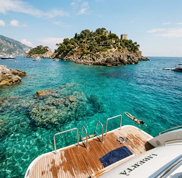 Yacht swim platform at Li Galli islands with crystal clear turquoise Mediterranean water