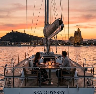  Couple enjoying dinner on yacht stern deck with Sagrada Familia and Montjuïc at sunset