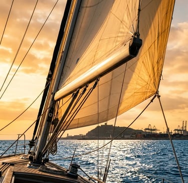 Yacht sail catching golden sunset light on the Mediterranean Sea near Barcelona