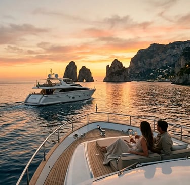 Couple sipping prosecco on yacht deck at sunset with Faraglioni rocks in Capri