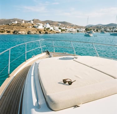 Luxury yacht bow sundeck with sunglasses on cream sun pad overlooking turquoise Greek waters
