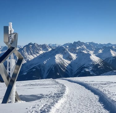 A wide, snowy hiking trail leading towards a breathtaking panoramic view of the snow-capped Austrian