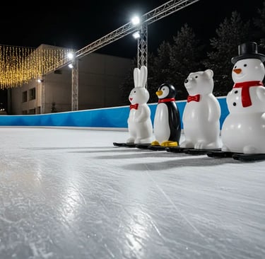 Three animal-shaped ice skating aids (a bunny, a penguin, and a polar bear) standing on a lit outdoo