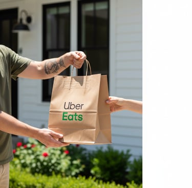 A person receives an Uber Eats food delivery in a brown paper bag at a residential front door.