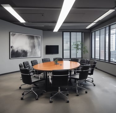 An empty office space with multiple workstations, each equipped with black office chairs and light-colored dividers. Large windows at the far end of the room show an outside view of buildings and a chimney, with a backdrop of a cloudy sky.