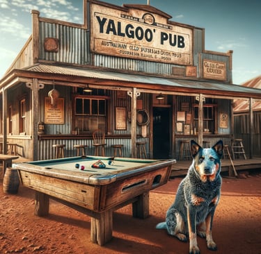 Illustration of an Australian outback pub and a blue heeler dog