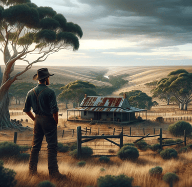A pioneer Australian farmer proudly surveys his land and homestead