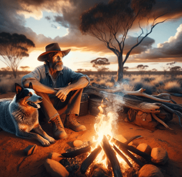 An Australian bushman with his faithful blue heeler sit by the fireside at sunset