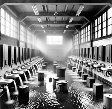 Illustration of a flooded washroom in a building, water overflowing the sinks