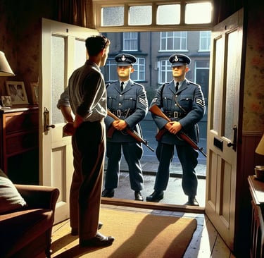 RAF Military Police with guns at the door of a man's home