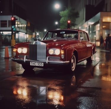 Cardinal Red Rolls Royce Milliner Park Ward parked on the street in the rain