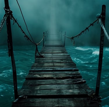 A wooden bridge over a body of water into a misty horizon