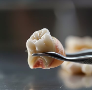 An extracted tooth held in steel forceps