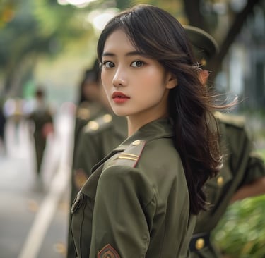 Beautiful Asian girl in military uniform