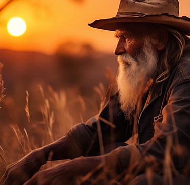 Profile of an old bearded Australian bushman at dawn