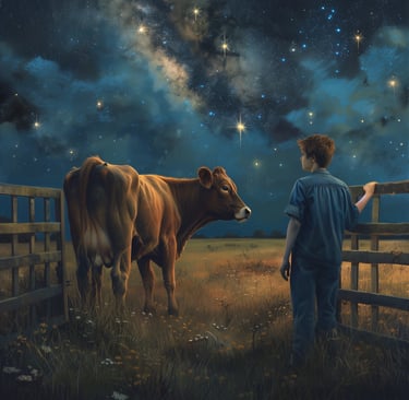 Farmer's lad opening gate for Jersey cow under a starlit sky.