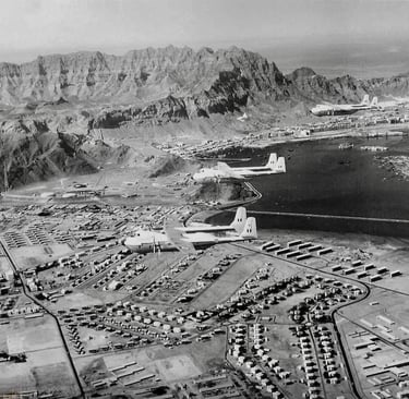 Aerial view of Aden, South Arabia as RAF Argosies fly over Khormaksar