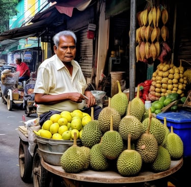 An Indian durian seller on the streets of Little India in Singapore