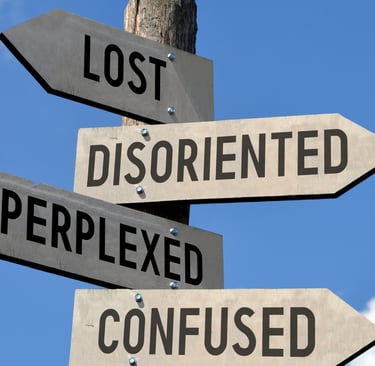 A wooden signpost with directional arrows reading lost, disoriented, perplexed, and confused against a blue sky.