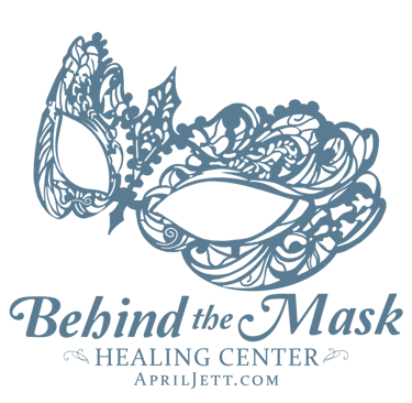 Behind the Mask Healing Center logo featuring an intricate blue filigree masquerade mask design.