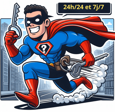 image générée par IA représentant un serrurier superman en intervention 24h/24