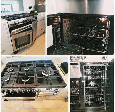 A freshly cleaned beautiful Rangemaster range cooker in stainless steel