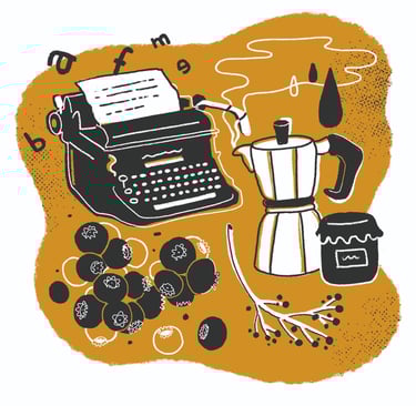 a typewriter next to an espresso machine, blueberries, a jam jar and letters floating