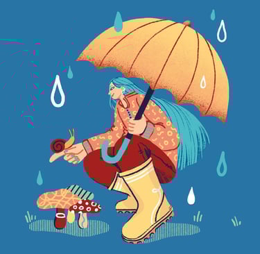 a woman in a raincoat holding an umbrella while holding a snail besides some fungi