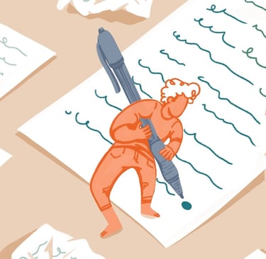 a man with a huge pen writing a point in a huge paper, surrounded by discarded notes