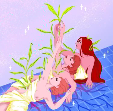three women laying on each other, rooting on the floor, growing leaves in their bodies.