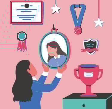 a woman is hanging a mirror in a wall full of trophies