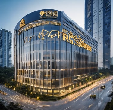 a building with a large glass building with a sign that says pizza