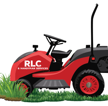 Ryan's Lawncare and handyman services logo. Red and black cartoon ride on lawnmower