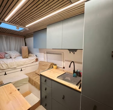 motorhome kitchen and bedroom
