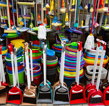 a bunch of brooms and brooms plastic cleaning tools and sets