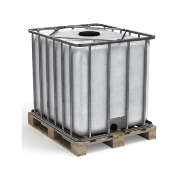 a large plastic container tank with a metal chasis frame and a metal frame