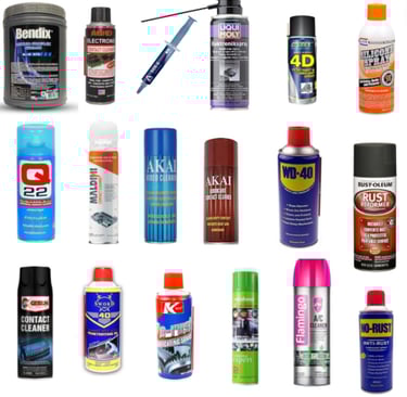 a variety of different types of spray paint and other items