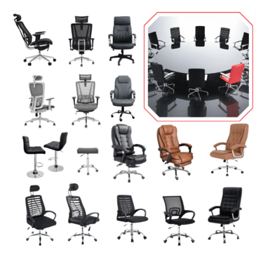 a group of office chairs and chairs with a table and chairs