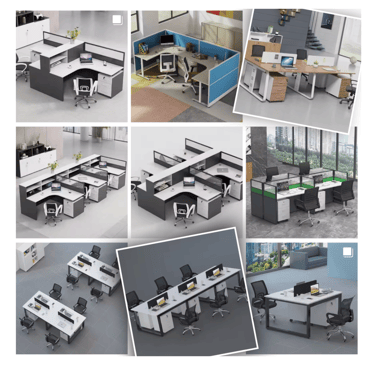 a series of office desks with a variety of office desks
