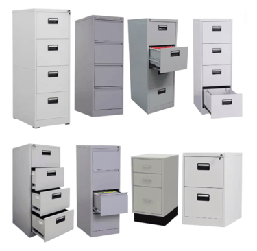 a collection of four different types of filing cabinets